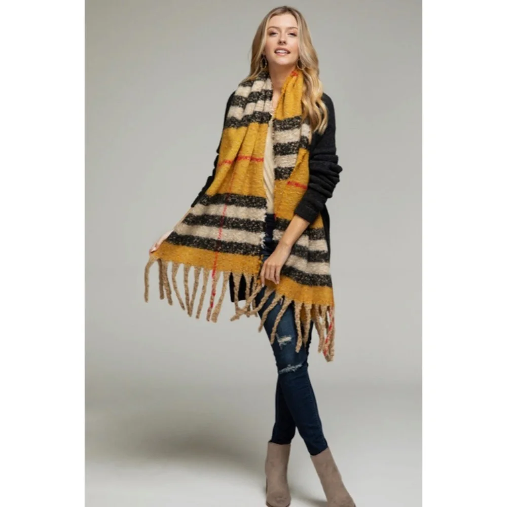 SOLD OUT Mustard Plaid Boucle Oblong Winter Fall Women's Casual Scarf w/ Fringe - Picture 3 of 4